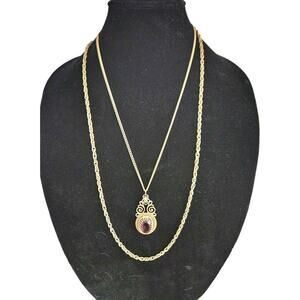 Vintage Double Stranded Gold Tone Longer Chain Necklace w/Purple Crystal Pendant